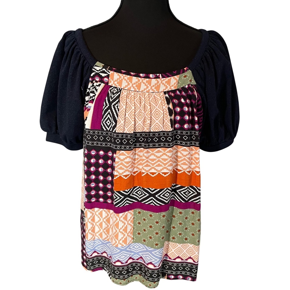 Maeve by‎ Anthropologie Patchwork Geometric Puff Sleeve Blouse Multicolor M Boho